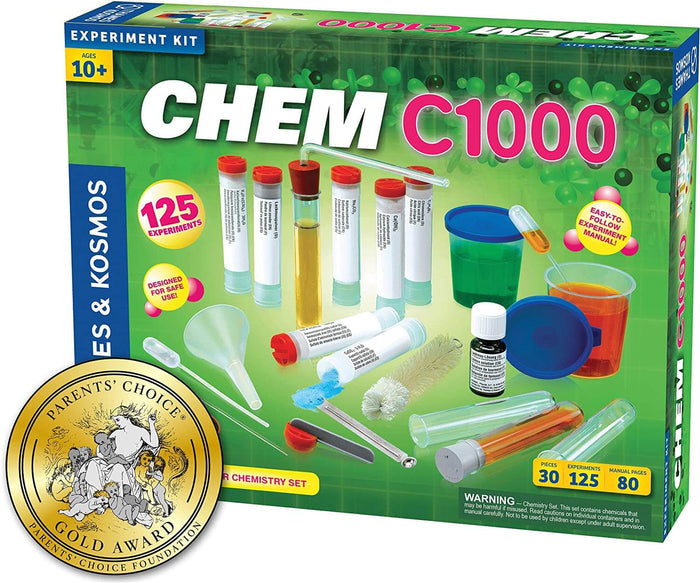 Green Chem C1000 box with colorful test tubes, beakers, and lab gear. Includes a large gold Parents' Choice award seal.
