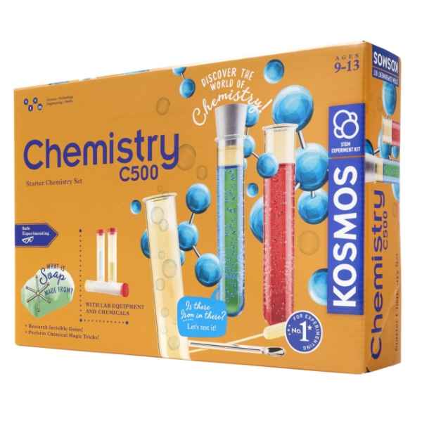 Yellow Chemistry C500 box showing test tubes with red, green, and yellow liquids and blue molecule graphics.