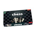 Dark gray box with a checkered design featuring a display of carved light and dark wooden chess pieces.
