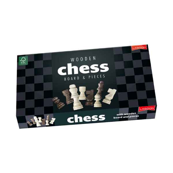 Dark gray box with a checkered design featuring a display of carved light and dark wooden chess pieces.