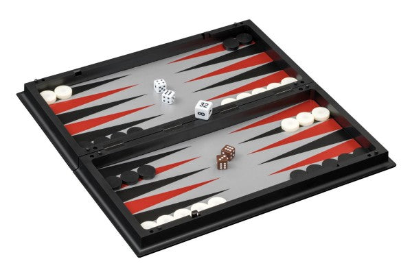 Open backgammon board with a grey surface, red and black triangles, white and black checkers, and dice.