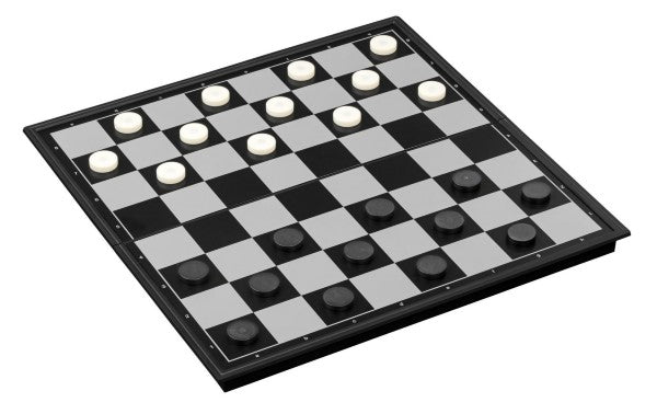 Square black and silver checkerboard with round cream and black checkers pieces set up on a white background.