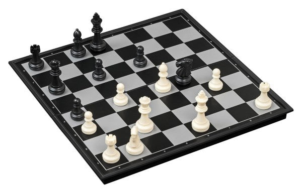 White and black plastic chess pieces set on a black and grey checkered board during a match.