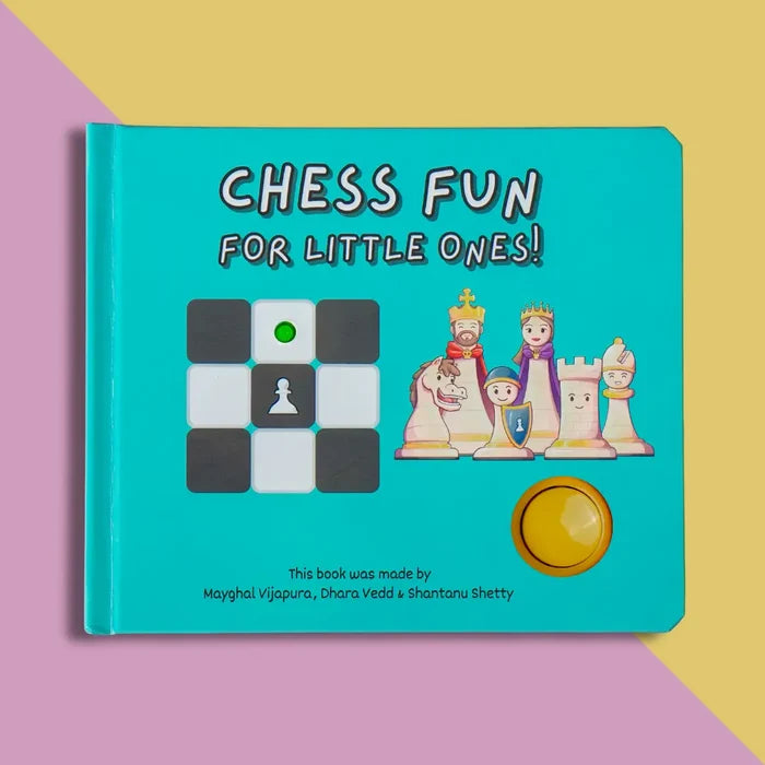 Square teal board book featuring cartoon chess characters, a 3x3 game grid, and a large yellow interactive button.