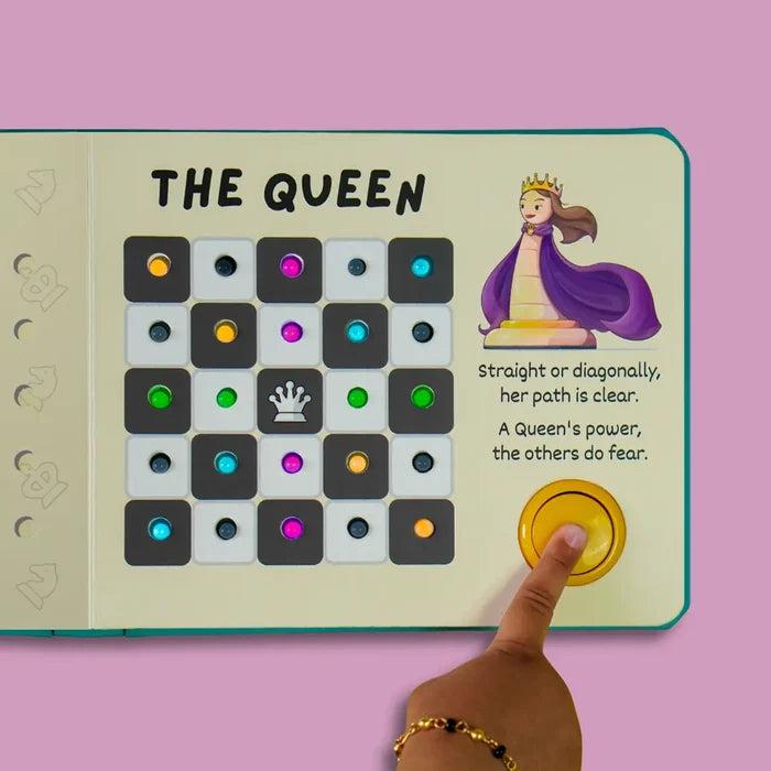Interactive book page titled THE QUEEN features a light-up chess grid and a child's finger pressing a yellow button.