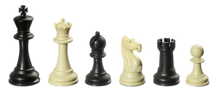 Row of six black and cream Staunton-style chess pieces, from king to pawn, against a white background.