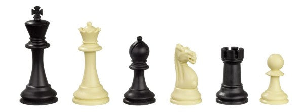 Six matte black and cream chess pieces: king, queen, bishop, knight, rook, and pawn, in a row on a white background.