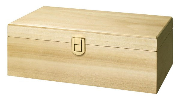 Rectangular light-colored wooden storage box with a gold metal latch on the front.