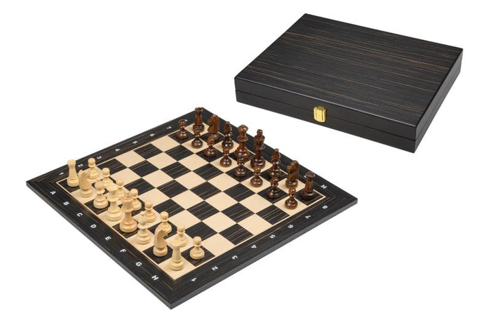 Wooden chessboard with cream and dark squares, matching pieces, and a black storage box with a gold latch.