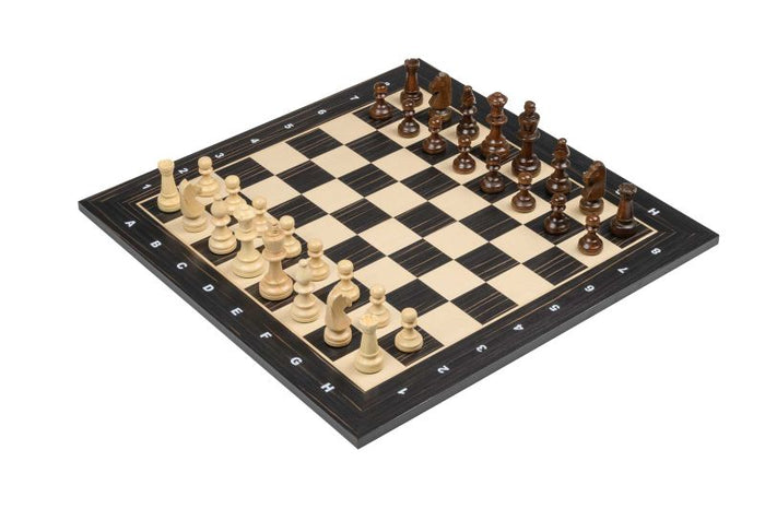 Wooden chess set with light and dark pieces arranged on a matching board featuring wood-grain squares and notation.