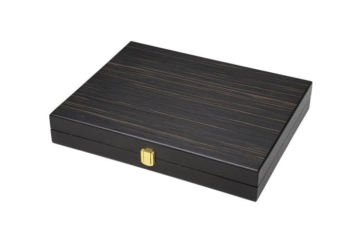 Closed rectangular dark wood box with a fine horizontal grain pattern and a small gold latch on a white background.