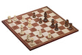 Wooden chessboard with light and dark brown squares and matching hand-carved wooden chess pieces.