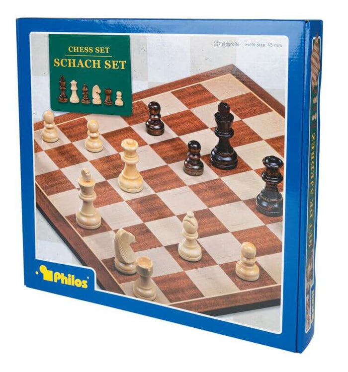 Blue Philos box displaying a wooden chessboard with light and dark brown pieces set up for a game.