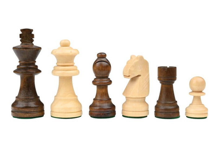 Six Staunton chess pieces in dark brown and cream wood, arranged by height on a white background.