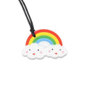 Rainbow-shaped pendant with red, yellow, green, and blue stripes and two smiling white clouds on a black cord.
