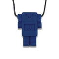 Navy blue robot-shaped chew pendant with a smiling face and letter j on its chest, attached to a black cord.