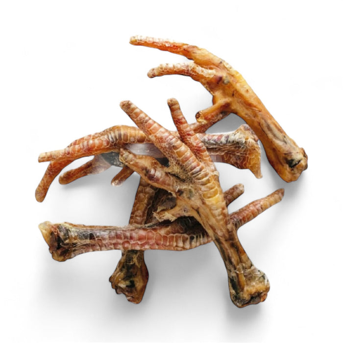 DogTreatNZ chicken feet dog treats on a white background, showing crunchy, natural chicken feet treats for dogs.