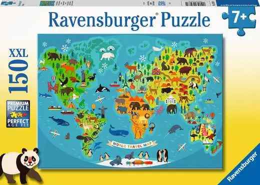 Ravensburger 150 XXL piece puzzle box for ages 7+ featuring a colorful illustrated world map with cartoon animals.