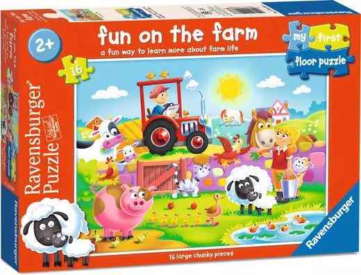 Orange Ravensburger puzzle box showing a bright farm scene with animals, a tractor, and 16 large chunky pieces.