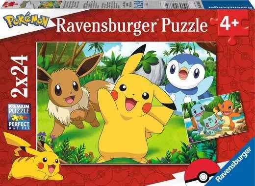 Red Ravensburger Pokemon puzzle box featuring Pikachu, Eevee, and Piplup. Shows 2x24 pieces and age 4+ rating.