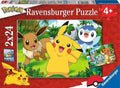 Red Ravensburger Pokemon puzzle box featuring Pikachu, Eevee, and Piplup. Shows 2x24 pieces and age 4+ rating.