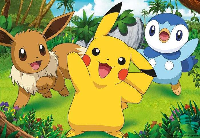 Smiling Pikachu, Eevee, and Piplup in a colorful tropical jungle with palm trees, green grass, and a blue sky.