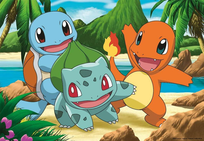 Green Bulbasaur, blue Squirtle, and orange Charmander on a sunny tropical beach with palm trees and green mountains.