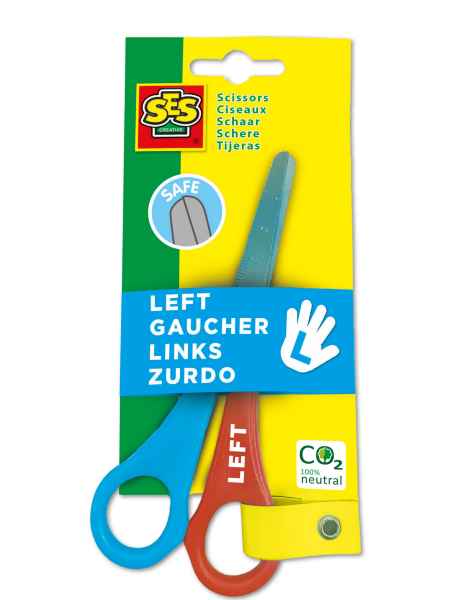Blue and red scissors on yellow and green packaging with a blue banner labeled LEFT in multiple languages.