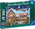 Green Ravensburger 100 XXL puzzle box showing a snowy house with a cutaway view and Santa flying past a full moon.