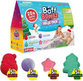 Blue box of 20 festive bath bombs shaped like red Santas, purple baubles, pink stars, and green Christmas trees.