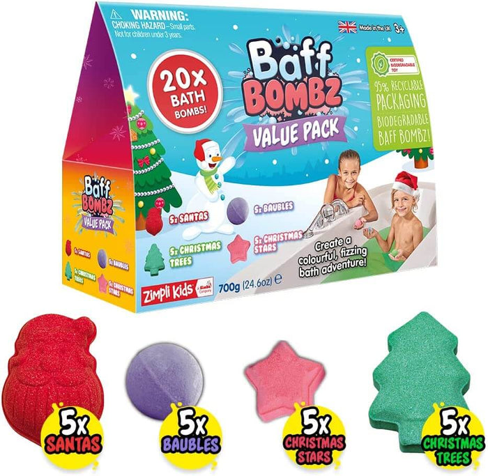 Blue box of 20 festive bath bombs shaped like red Santas, purple baubles, pink stars, and green Christmas trees.