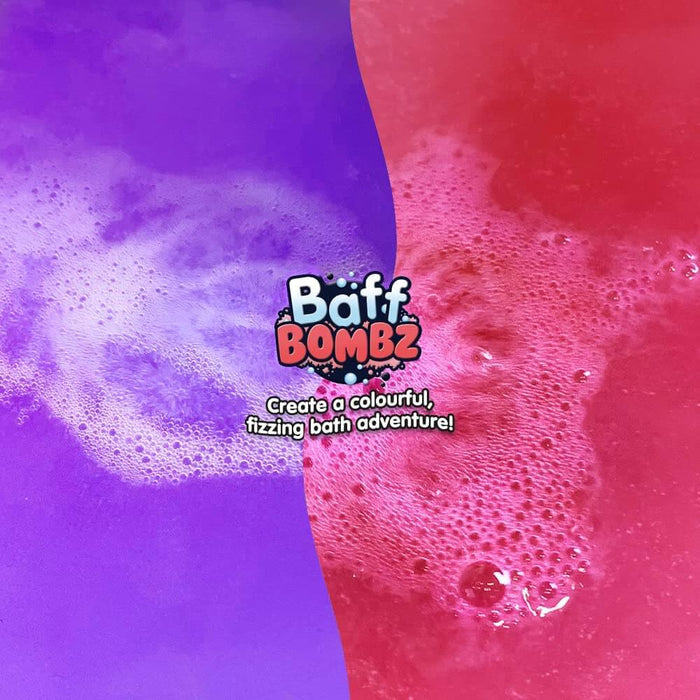 Close-up of vibrant purple and pink bath water fizzing with white bubbles and the Baff Bombz logo.