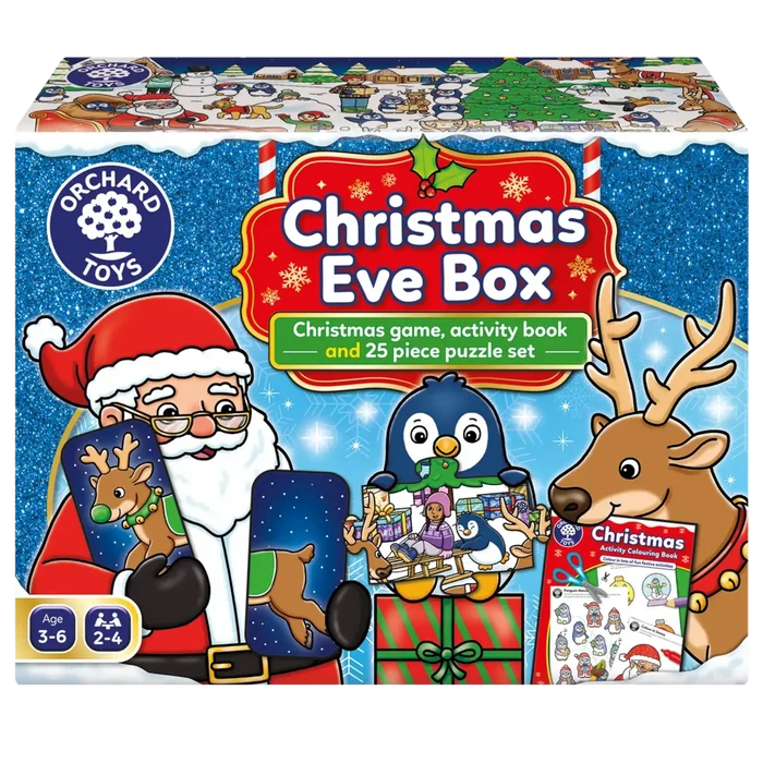 Blue glittery Orchard Toys box featuring cartoon Santa, penguin, and reindeer with a game, activity book, and puzzle.