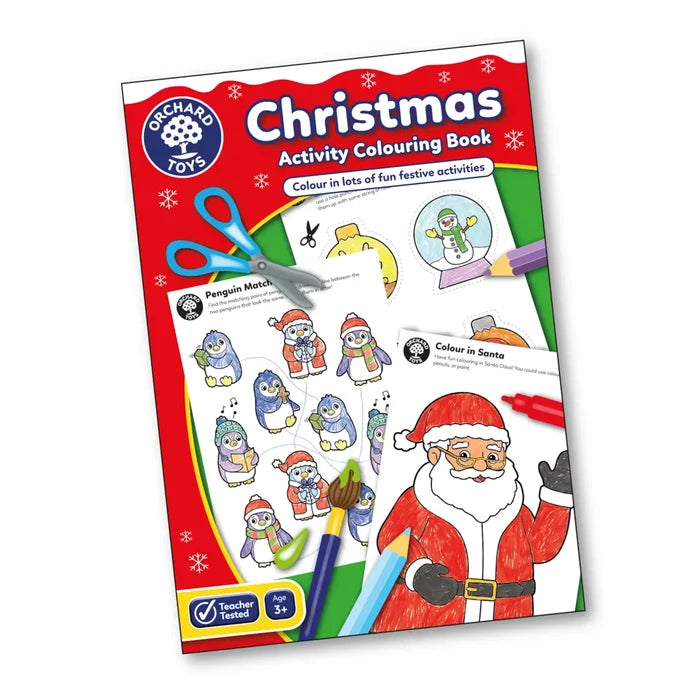 Orchard Toys Christmas activity book with Santa, penguin puzzles, and art supplies on a red snowy background.