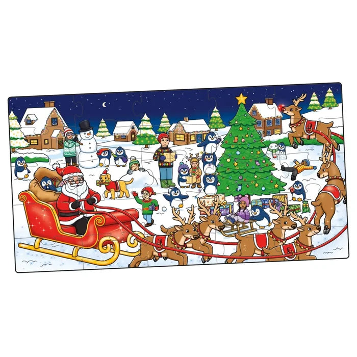 Colorful jigsaw puzzle showing Santa in a sleigh with reindeer, penguins, and children in a snowy Christmas village.
