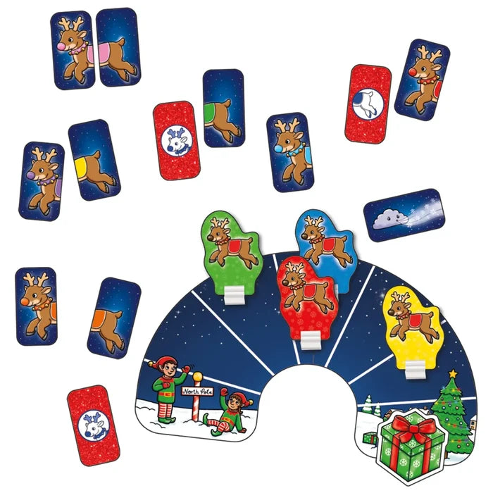 Reindeer matching game with colorful cards, stand-up character pieces, and a North Pole themed game board.