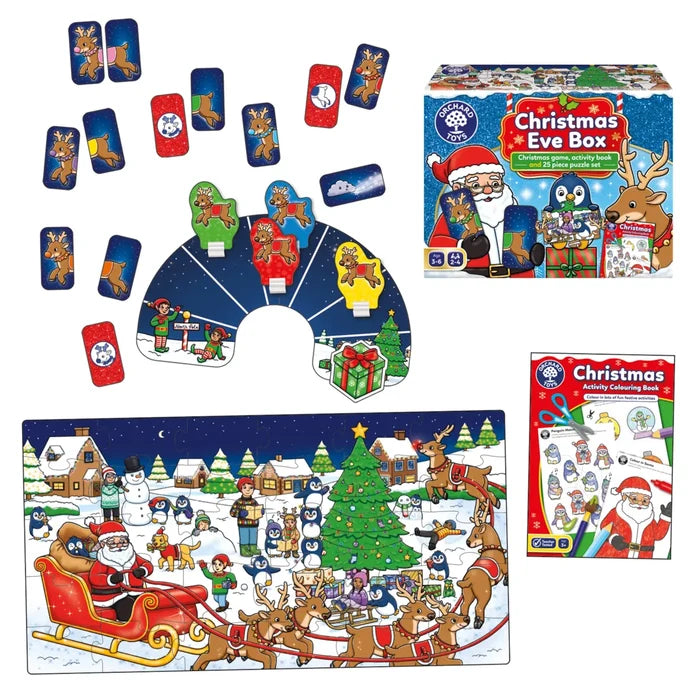 Christmas game set with a 25-piece Santa puzzle, activity coloring book, and reindeer game with colorful pieces.