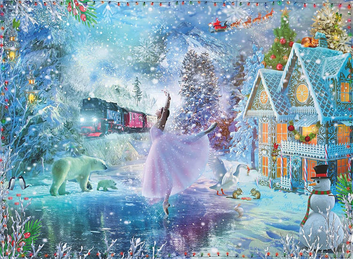 Magical winter scene with a ballerina on ice, polar bears, a steam train, and gingerbread houses amidst falling snow.