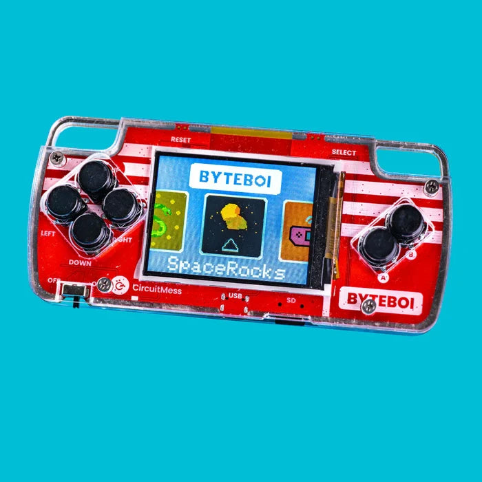 Clear handheld DIY console with red and white stripes, black buttons, and a screen showing a pixel art game.