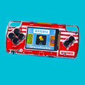 Clear handheld DIY console with red and white stripes, black buttons, and a screen showing a pixel art game.