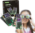 Black product box and DIY walkie-talkies with green circuit boards and black buttons; child in goggles holds one.