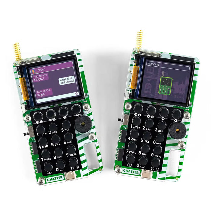 Two DIY walkie-talkies with green and white striped circuit boards, color LCD screens, and black keypads.