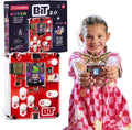 Red DIY handheld gaming console with white buttons and pixel art screen, shown with product box and a young girl.