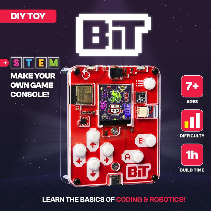 Handheld DIY game console with a red circuit board, screen, and white buttons, part of a STEM coding and robotics kit.