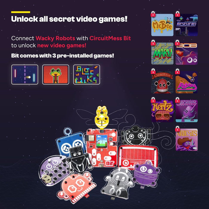 Red handheld BIT console with colorful robot expansion boards and icons for nine secret unlockable video games.