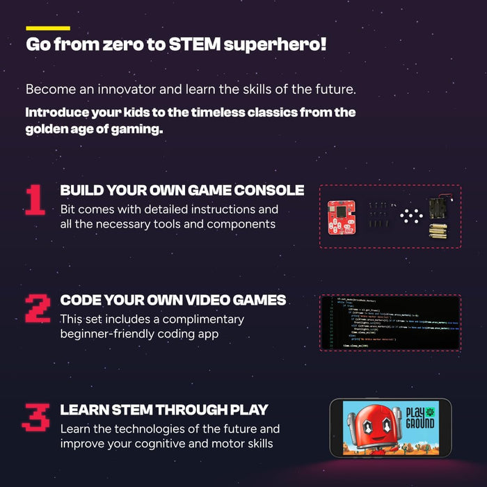 Infographic showing DIY game console components, coding screen, and mobile app on a starry purple background.