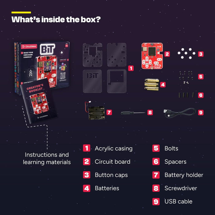 Numbered kit parts including a box, red circuit board, clear casing, tools, and manual on a starry purple background.