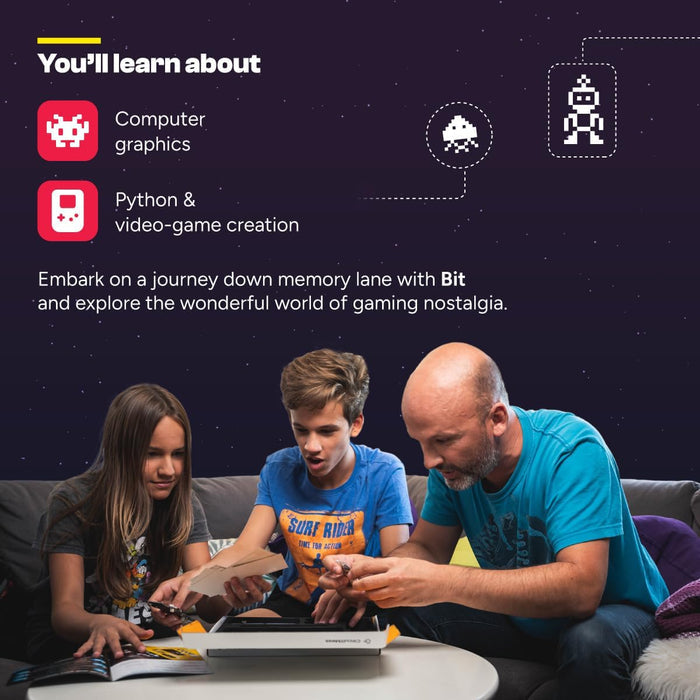 Adult and children assemble a STEM kit below text about learning Python and computer graphics with retro pixel icons.