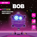 Purple round robot with glowing eyes on a space-themed STEM kit box with age, difficulty, and build time stats.