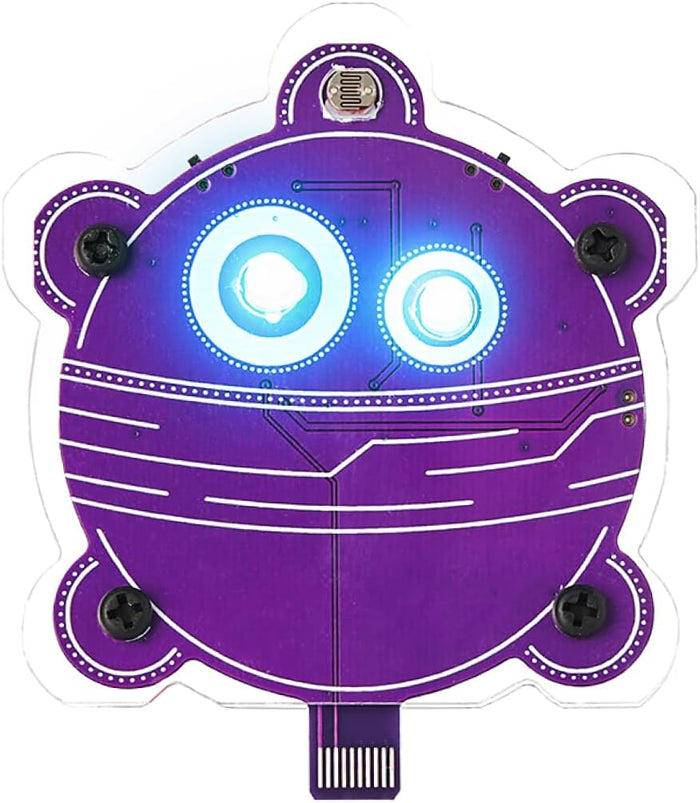 Purple round robot circuit board with glowing blue eyes, white line patterns, and four black screws.